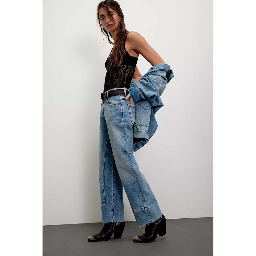 We The Free Womens Risk Taker High Rise Straight Leg Raw Hem Blue Jeans 30 Boho